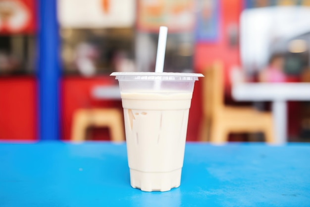 Horchata para llevar en una taza de plástico con un logotipo