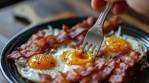 Foto horco y cuchillo comiendo desayuno inglés con huevos fritos y tocino generativo ai