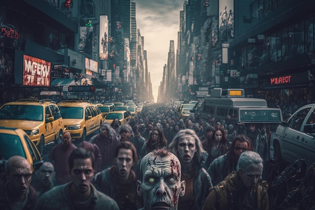 Horda de zombies caminando por las calles de Nueva York fondo de apocalipsis zombie AI