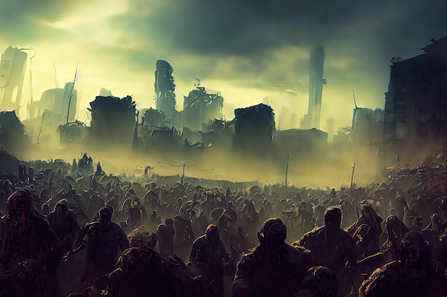 Horda de zombis en una ciudad en ruinas después de un brote Retrato de un zombi aterrador Pintura de ilustración de estilo de arte digital