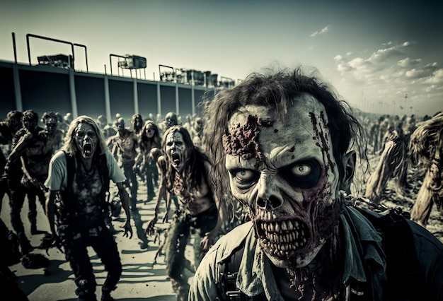 Foto horda de zombis escena del apocalipsis zombi generativo ai