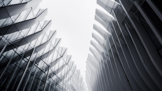 Horizontal aufgenommene abstrakte Gebäude mit weißen Metallrippen und Glasfenstern. Generative AI AIG21