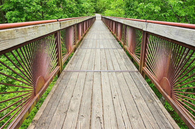 Foto horizontal der in den üppig grünen wald führenden promenadenbrücke mit spur im bernheim forest park
