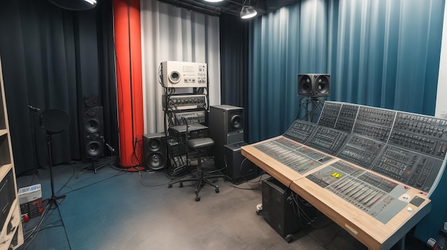Foto horizontal ninguna persona disparó del espacio de trabajo en el interior del estudio de grabación con sillón de la consola de mezcla l
