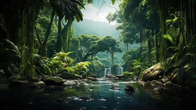 Foto horizontale ai-illustration wunderschöner fluss mit wasserfall in einem üppigen tropischen wald landschaftskonzept natur