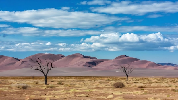 Horizontale Aufnahme einer Landschaft in der Namib-Wüste in Namibia unter blauem Himmel und weißen Wolken