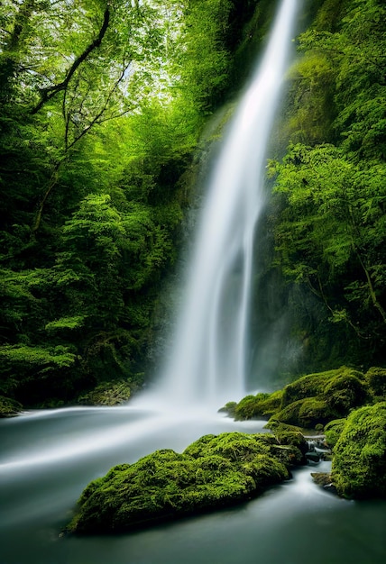 Horizontale Aufnahme eines unberührten Wasserfalls mit schöner Natur 3d illustriert