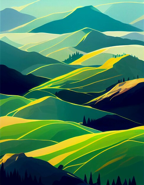 Horizontale Aufnahme von unberührten schönen grünen Bergen 3d illustriert