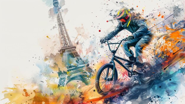 Foto horizontale banner aquarell-illustration sommer-olympische spiele radfahren bmx radfahren radfahrer auf einem fahrrad vor dem hintergrund des eiffelturms und stadtpanoramas freier raum für text