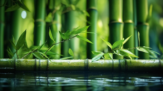 Horizontale Reihe von starken Bambustängeln, die im Wasser untergetaucht sind, Hintergrundraum Generative KI