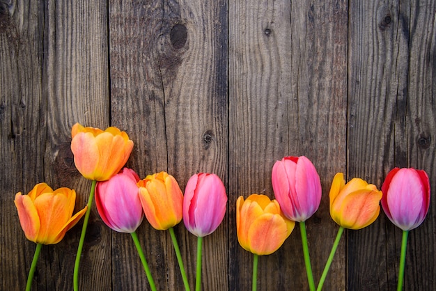 Horizontaler hölzerner Hintergrund mit Tulpen, mit Kopienraum