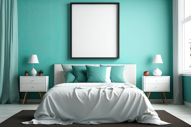 Horizontaler Posterrahmen auf cyanfarbener Wand in Schlafzimmerillustration
