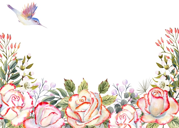 Horizontaler Rahmen mit Aquarellrosenblüten, Blättern, Dekor und Kolibris