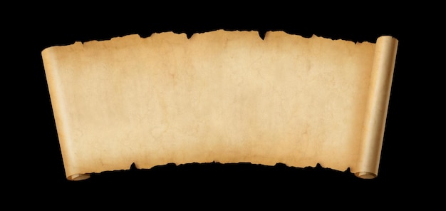 Horizontales Banner aus altem Papier. Pergamentrolle auf schwarzem Hintergrund isoliert