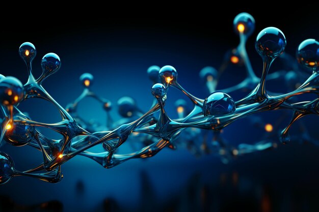 Horizontales Banner mit Modell einer abstrakten Molekülstruktur. Hintergrund blauer Farbe mit Glas