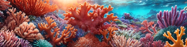 Horizontales Banner mit Ozeanriff mit farbenfrohen tropischen Korallen und Sonnenlicht, das durch das Meerwasser strömt Unterwasserwelt Schönheit Illustration Generative KI