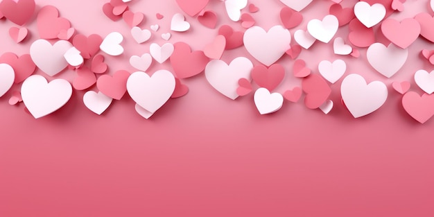 Horizontales Banner mit rosa Himmel und aus Papier geschnittenen Wolken Platz für Text Glücklicher Valentinstag Verkauf Header oder Gutschein Vorlage mit Herzen Rose Cloudscape Randrahmen Pastellfarben Süßigkeiten Herzen