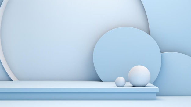 Horizontales Banner Rundes Podium Bühne Mock up in pastellblauen und weißen Tönen mit geometrischen Formen und Kugeln für Produktpräsentation Kosmetik Minimalistisches Interieur mit Kopierraum