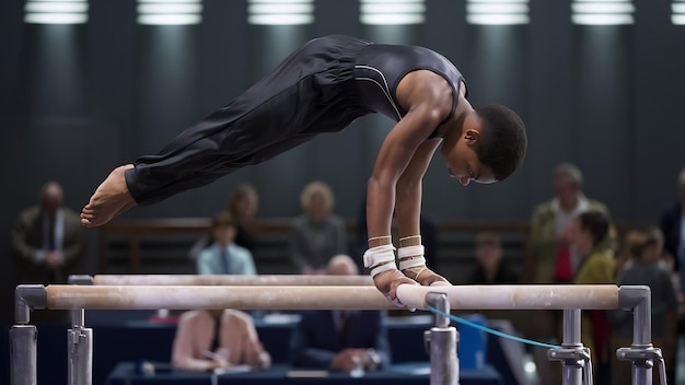 Horizontales Bild eines erfahrenen afroamerikanischen Jungen-Gymnasten, der sich auf einen Kunstgymnastikwettbewerb vorbereitet