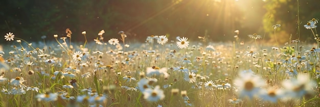 Horizontales Foto farbenfroher weißer Blumen, die über dem grünen Gras auf einem Feld in den oberen Strahlen der untergehenden Sonne wachsen Blüten, ein Symbol des Frühlings, neues Leben