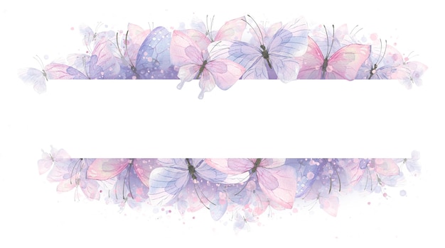 Horizontales Rahmenbanner mit zarten rosa und lila Schmetterlingen Aquarellillustration Für die Registrierung und Gestaltung von Zertifikaten, Einladungen, Schönheitssalons, Logos, Postkarten, Postern, Hochzeit