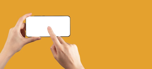 Horizontales Telefonbildschirmmodell Smartphone-Attrappe auf orangefarbenem Banner mit Kopierraum