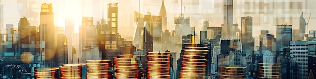 El horizonte abstracto de la ciudad y las monedas se apilan en una doble exposición que simboliza la sinergia entre el crecimiento económico y la estabilidad financiera en el informe de mercado
