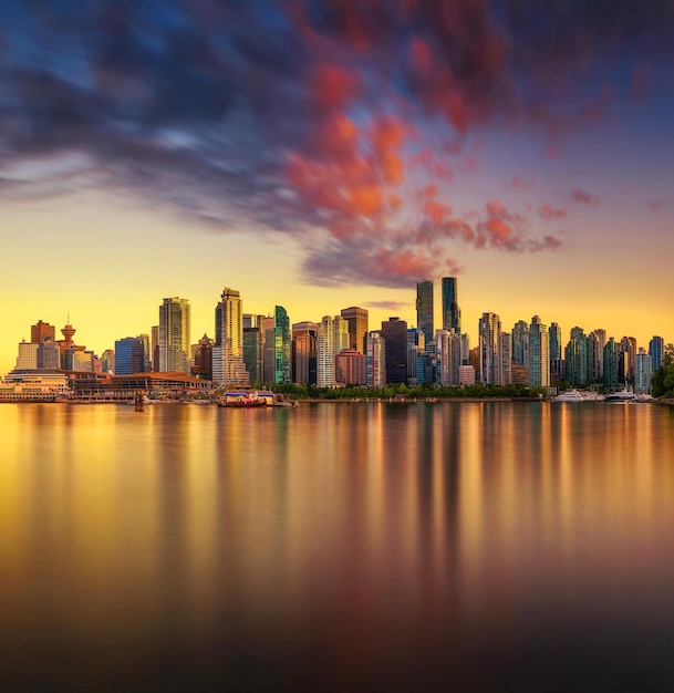 Horizonte al atardecer del centro de Vancouver desde Stanley Park