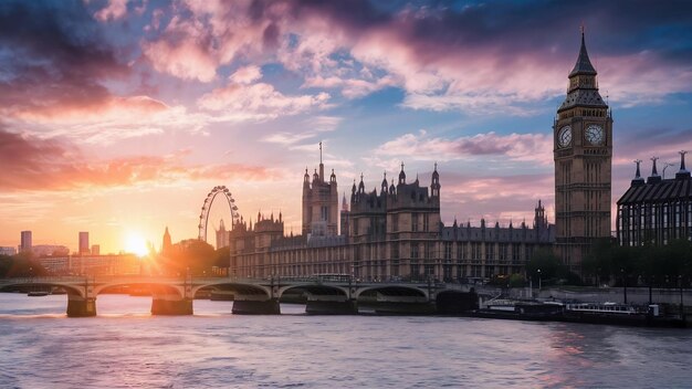 El horizonte del atardecer de Londres Bigben y el Támesis