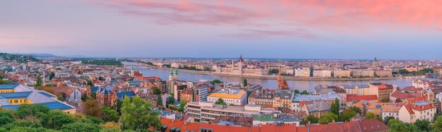 Horizonte de Budapest en Hungría Vista nocturna del edificio del Parlamento sobre el delta del río Danubio