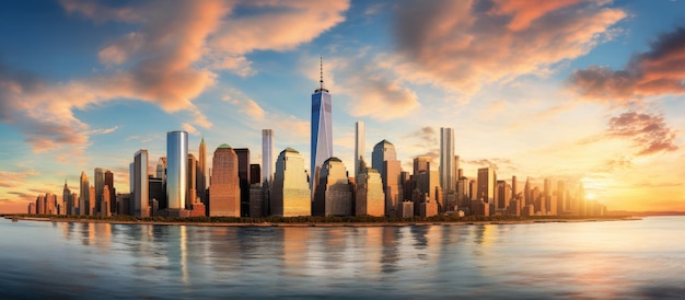 El horizonte del centro de Manhattan en la ciudad de Nueva York está iluminado con rascacielos al atardecer creando