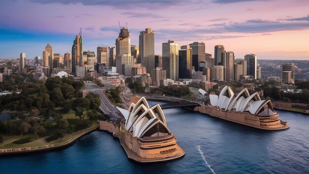 El horizonte del centro de Sídney en Australia desde arriba al crepúsculo