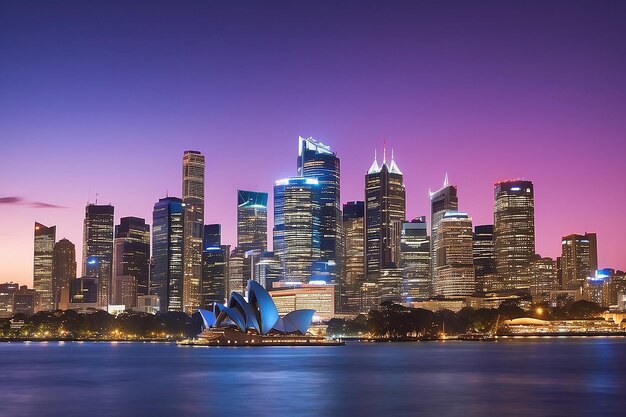 Horizonte del centro de Sydney en Australia en el crepúsculo