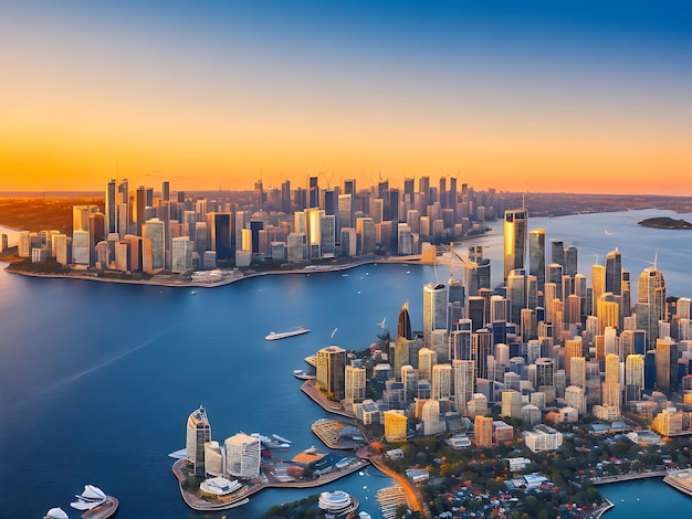 El horizonte del centro de Sydney en Australia desde la vista de arriba en la puesta de sol de la Ópera de Sydney