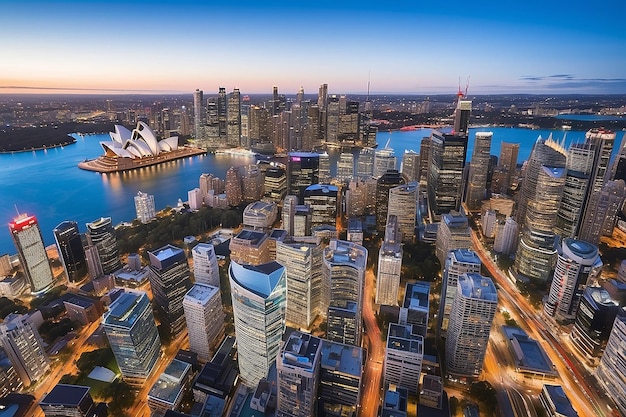 Horizonte del centro de Sydney en Australia desde la vista superior al atardecer