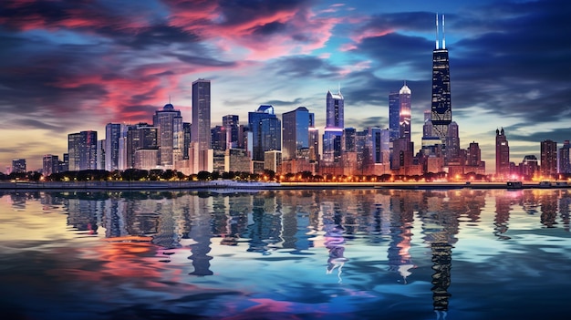 El horizonte de Chicago al anochecer con los edificios y las luces reflejadas en el agua