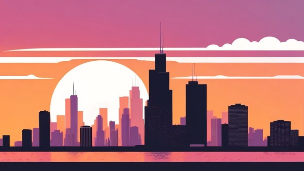 Foto el horizonte de chicago en el atardecer champagne splendor ilustración vectorial
