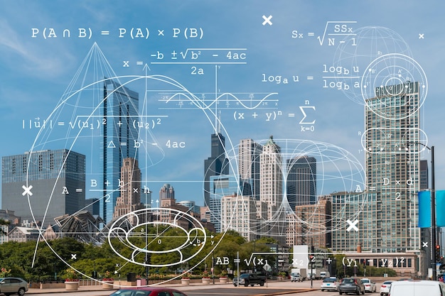 El horizonte de Chicago desde Butler Field hacia los rascacielos del distrito financiero durante el día Chicago Illinois EE.UU. Parques y jardines Concepto de educación Investigación académica holograma de universidades de primer nivel