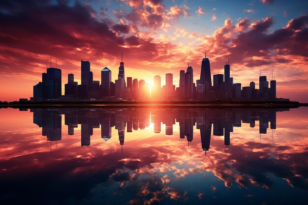 Foto un horizonte de la ciudad al amanecer con rascacielos en silueta contra el cielo matinal