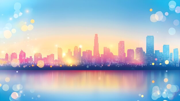 El horizonte de la ciudad al atardecer con las luces de Bokeh