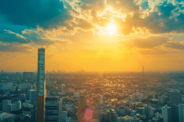 El horizonte de la ciudad al atardecer con una torre prominente y los rayos del sol iluminando el paisaje urbano hermosamente