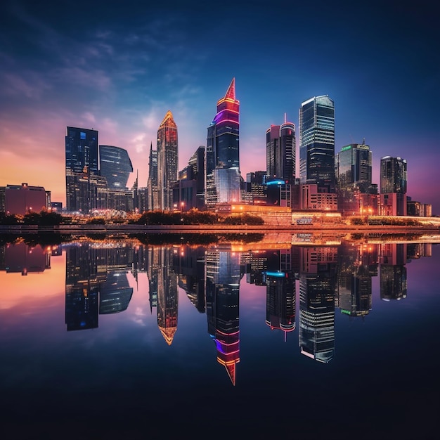 El horizonte de la ciudad de Araful con un reflejo en el agua por la noche