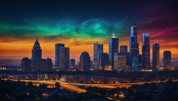 un horizonte de la ciudad con la aurora boreal visible en el fondo