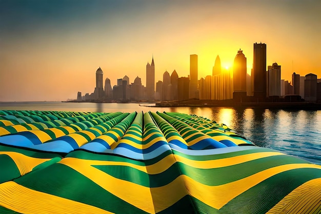 Un horizonte de la ciudad con una bandera de Brasil