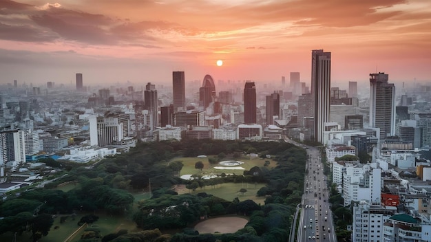 El horizonte de la ciudad de Bangkok con el parque Lumpini desde la vista superior en Tailandia al atardecer