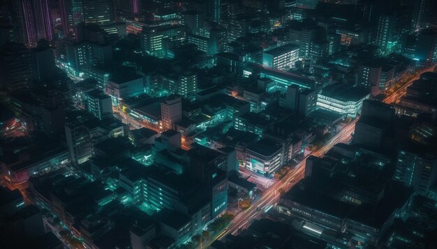 El horizonte de la ciudad brilla con rascacielos modernos en una vista de ángulo alto generada por IA