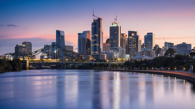 Foto el horizonte de la ciudad de brisbane y el río brisbane al crepúsculo en australia