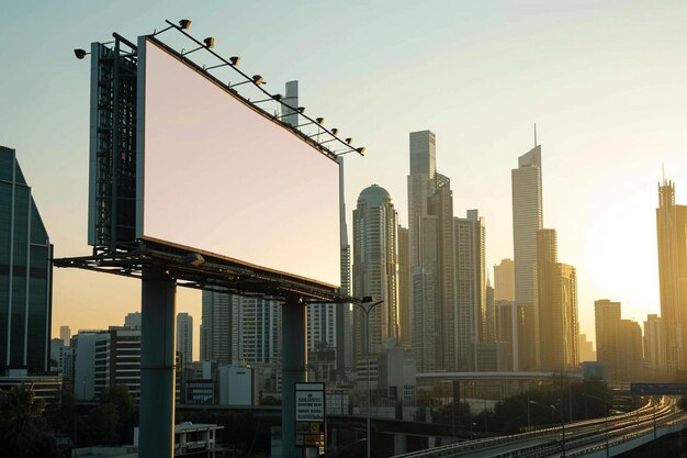 Un horizonte de la ciudad con un cartel en primer plano.