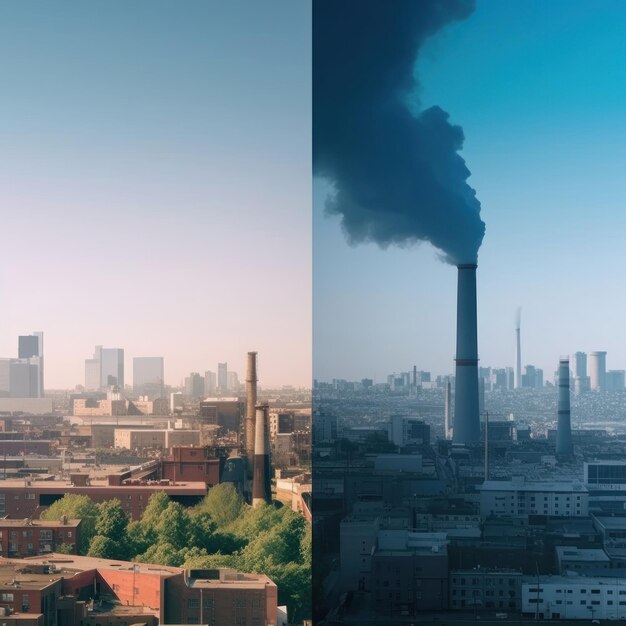 un horizonte de ciudad con un cielo azul y una chimenea negra.