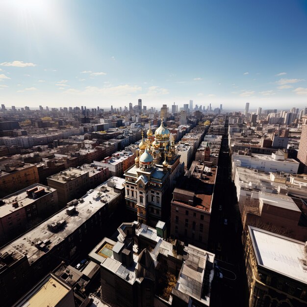 un horizonte de la ciudad con un cielo azul y un paisaje urbano en el fondo